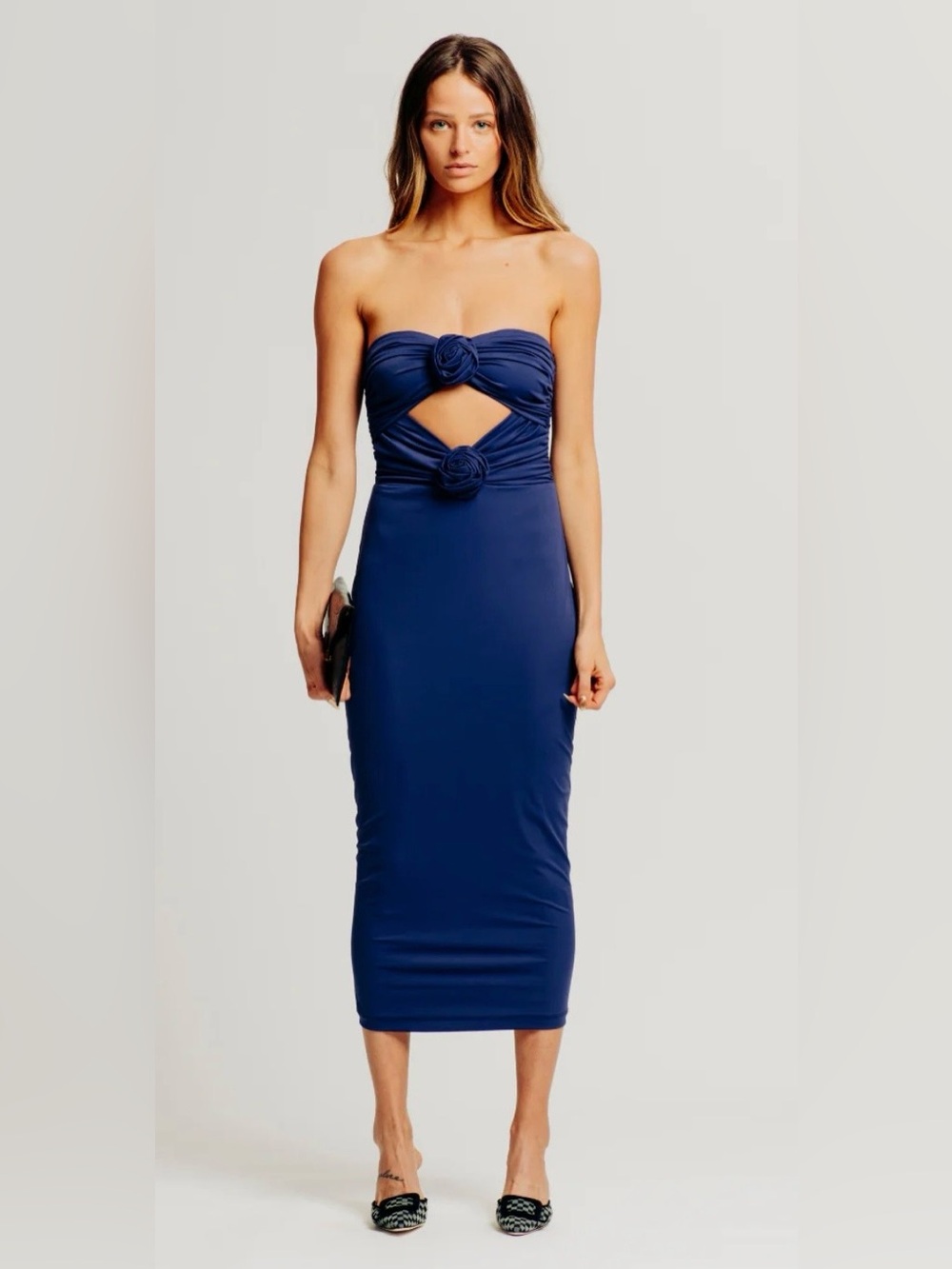 Torn by Ronny Kobo Navy Strapless Cutout Rosette Midi Dress